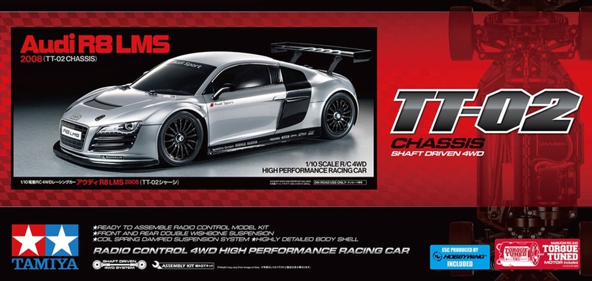 Tamiya modelbouwpakket auto - 58749 rc auto - audi r8 lms 2008 - tt-02 rc plastic - 1:10 - modelbouw