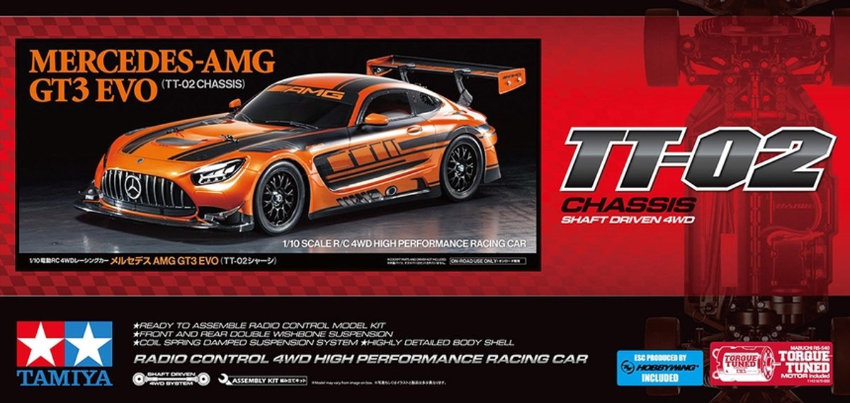 Tamiya modelbouwpakket auto - 58750 rc auto - mercedes-amg gt3 evo - tt-02 rc plastic - 1:10 - modelbouw