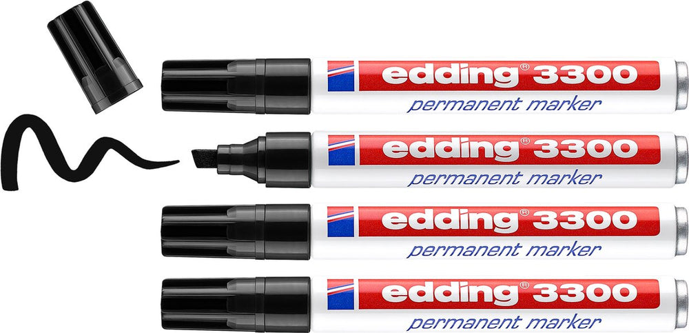 Edding 3300 permanent marker - zwart - 4 stiften - beitel punt 1-5 mm - water en wrijfvast -voor karton, kunststof, hout, metaal, etc. - alcohol markers voor volwassenen