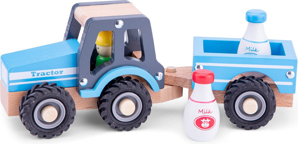 Woet ® houten tractor met aanhanger - inclusief 2 melkbussen - blauw - educatief speelvoertuig - rollenspel speelgoed - vanaf 18 maanden