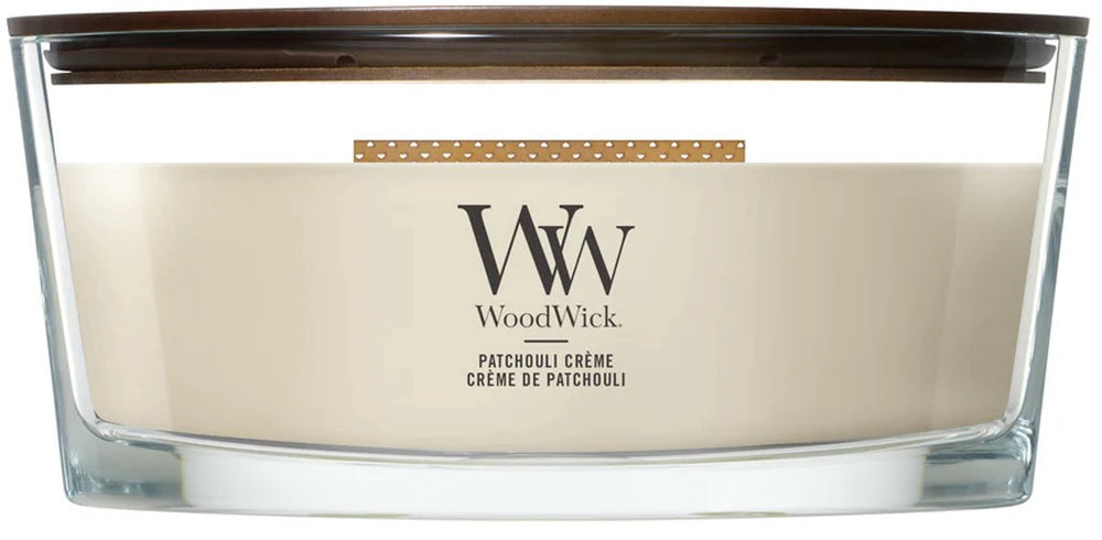 Woodwick hearthwick flame ellipse geurkaars - patchouli créme - 50 branduren
