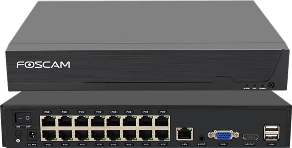 Foscam fna216he - 16-kanaals 4k 8mp poe nvr - netwerk video recorder - beveiligingscamera recorder - bewegingsdetectie - h.264+ - hdmi vga - 2x16tb hdd - plug play - zwart