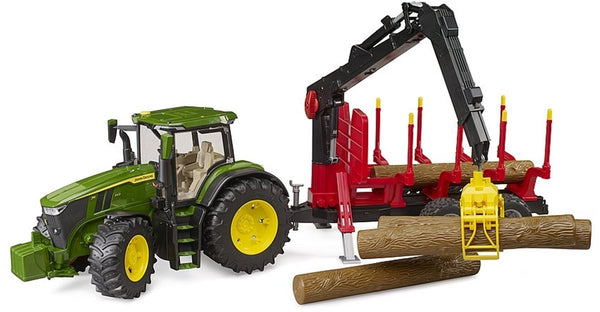 Bruder 03154 john deere 7r 350 tractor met aanhanger en 4 boomstammen - realistische details, openende deuren, functionele laadkraan, geschikt voor kinderen vanaf 3 jaar