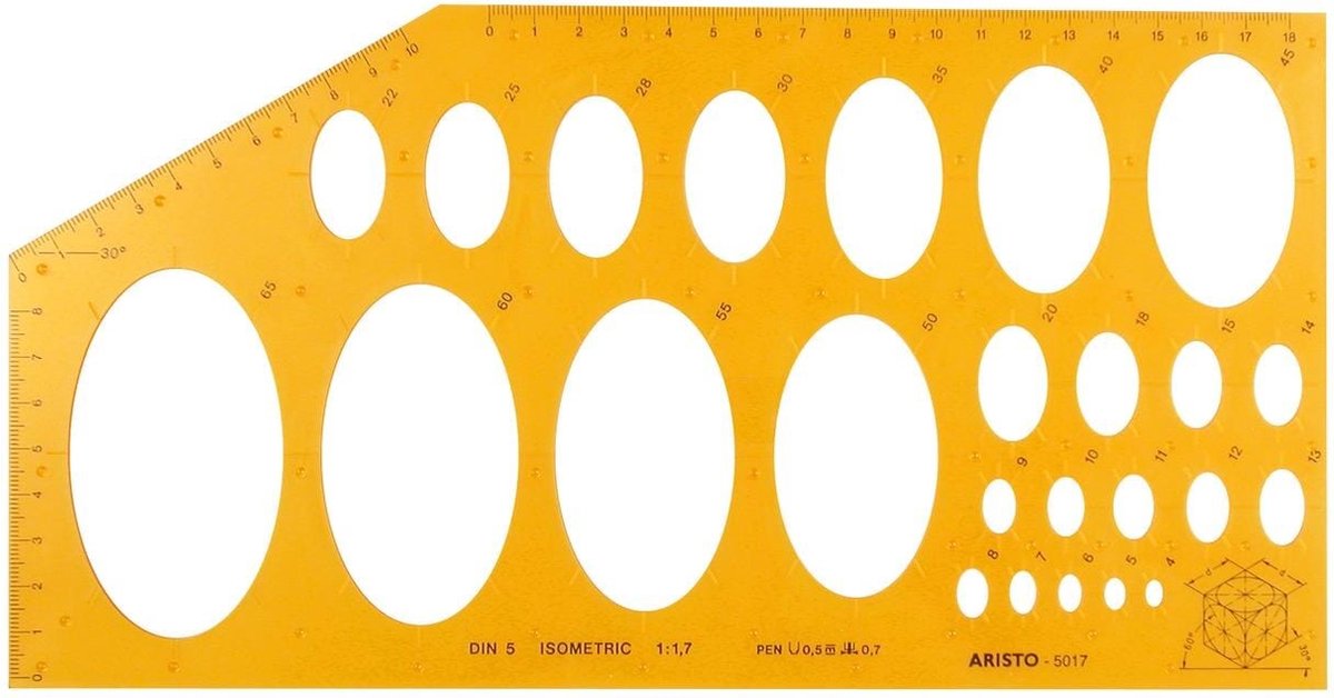 Aristo ellipssjabloon - afmetingen 295x150mm - 25 ellipsen - isometrisch - oranje transparant - ar-5017