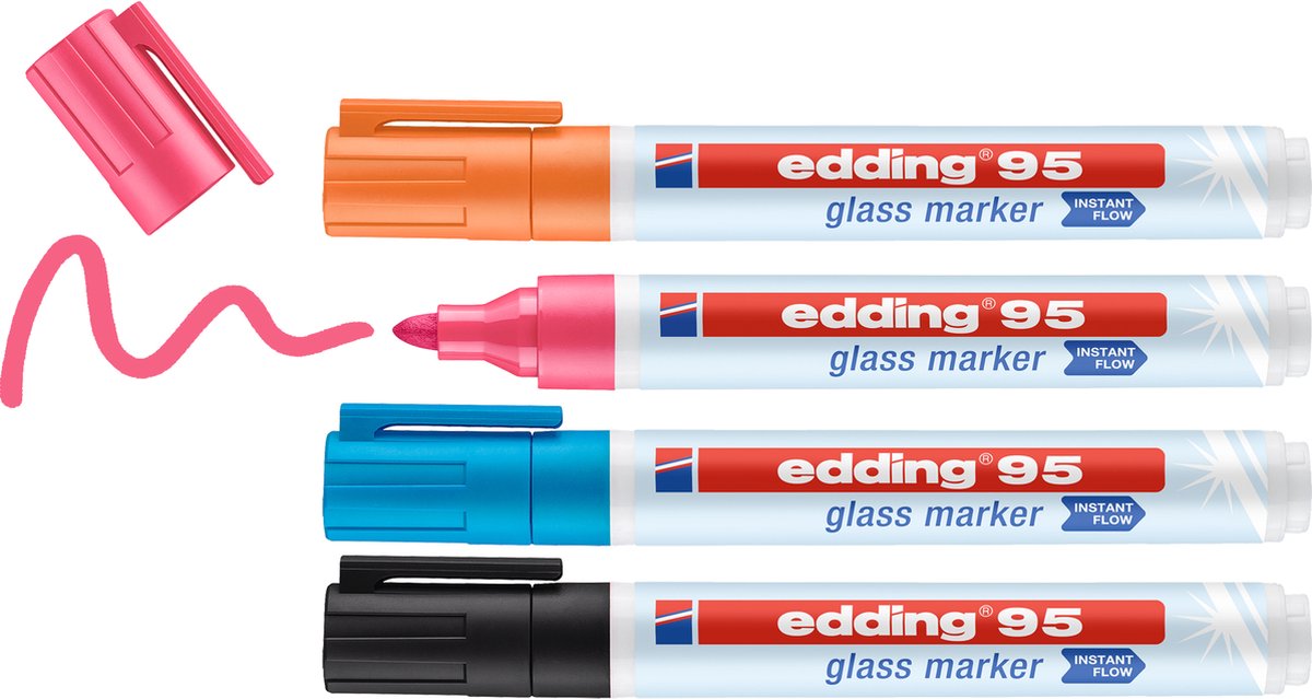 Edding 95 4 s glasmarker set - assorti 4 stuks: zwart, oranje, roze, lichtblauw - zonder pompsysteem direct te gebruiken - 1,5-3mm
