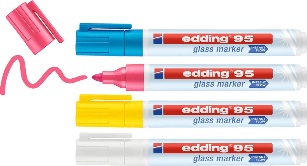 Edding 95 4 s glasmarker set - assorti licht 4 stuks: geel, roze, lichtblauw, wit- zonder pompsysteem direct te gebruiken - 1,5-3mm