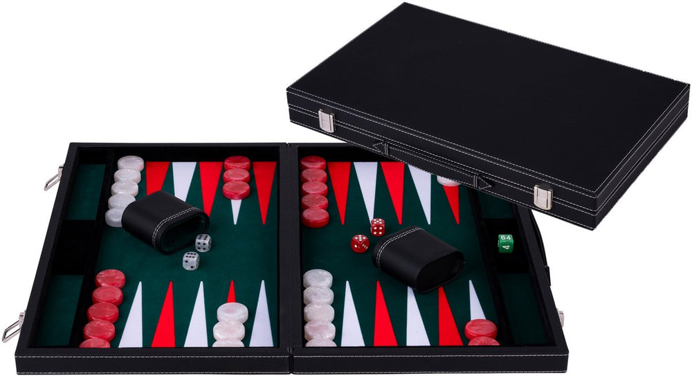 Engelhart backgammon 15 inch - groen, rood wit ingelegd bord - luxe kunststof koffer met handvat -