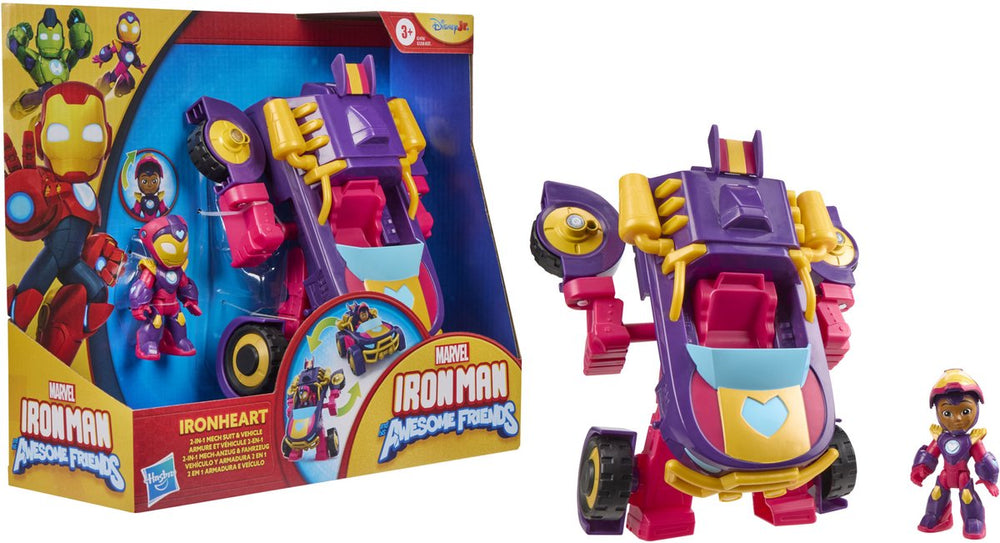 Hasbro marvel iron man and his awesome friends ironheart, 2-in-1 mech-pak en voertuig, actiefiguur en speelgoedvoertuig