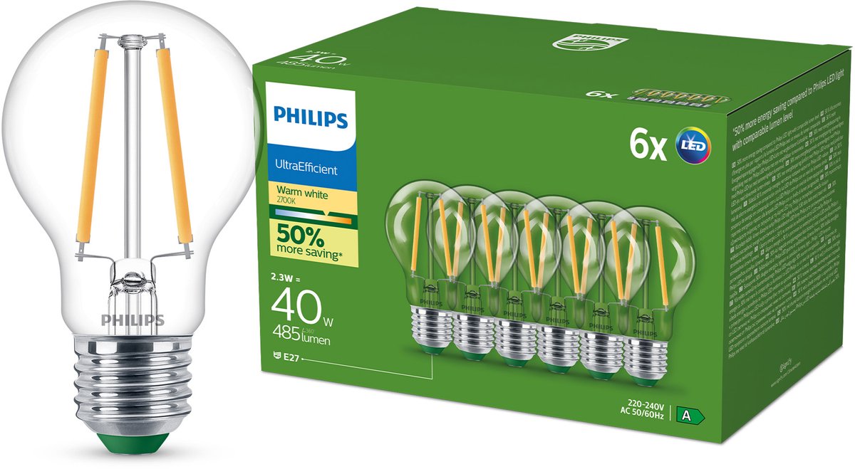 Philips led philips ultraefficient led lamp transparant - 40w - e27 fitting - warmwit licht; 2700k - ultra efficiënt: energielabel a - 6-pack