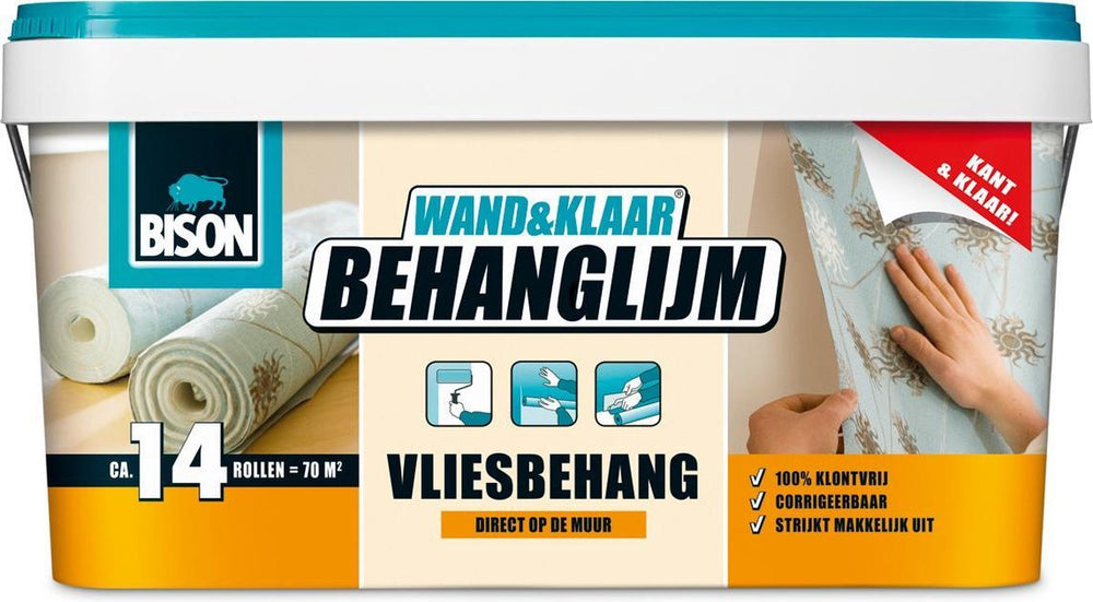 Bison wand klaar® behanglijm vliesbehang emmer 10 kg, kant en klaar, eenvoudig aanbrengen, corrigeerbaar, goede hechting, voor alle soorten behang met een vliesrug