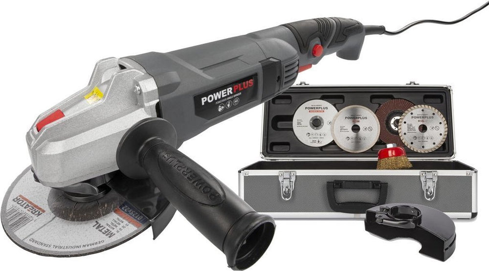 Powerplus elektrische haakse slijper poweset2 - 900w slijpmachine - slijpschijf 125mm ᴓ, compact, met 6 acc., opbergkoffer