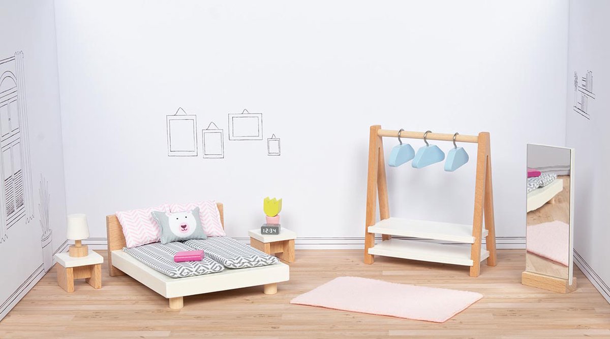 Goki poppenhuismeubeltjes: design slaapkamer, 18-delig, bed 12,7cm, beukenhout en stof, 3+