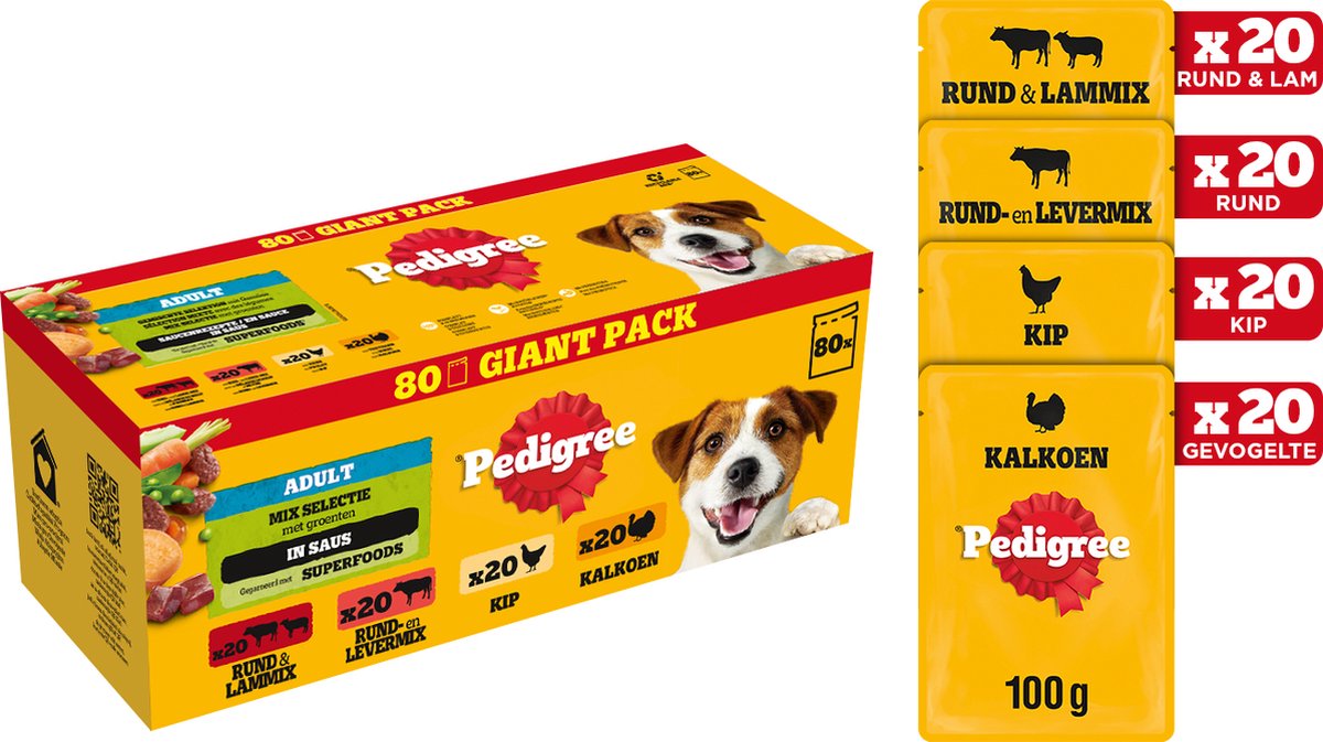 Pedigree adult - natvoer hond - hondenvoer - rund kalkoen kip - 80 x 100g