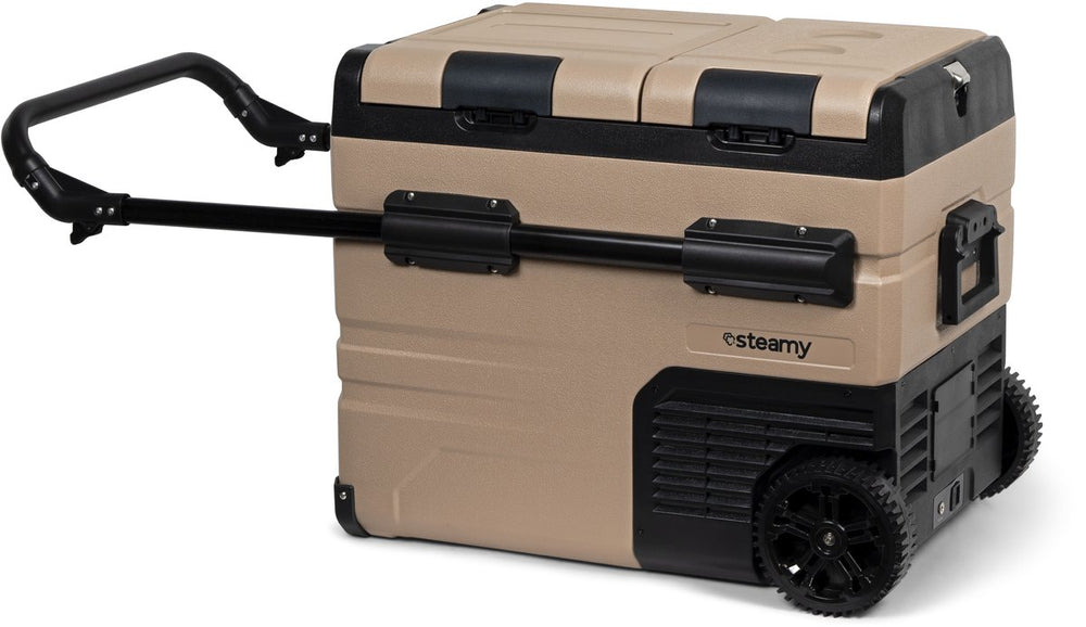 Steamy -e dual zone roller elektrische compressor koelbox op wielen - dual zone - 45 liter - 12v en 230v - voor auto en camping - sandstone