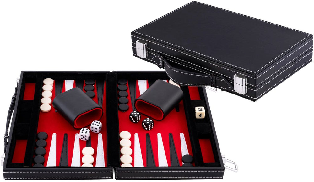 Longfield backgammon 11 inch - rood, zwart wit gestikt bord - kunstlederen koffer met handvat - engelhart