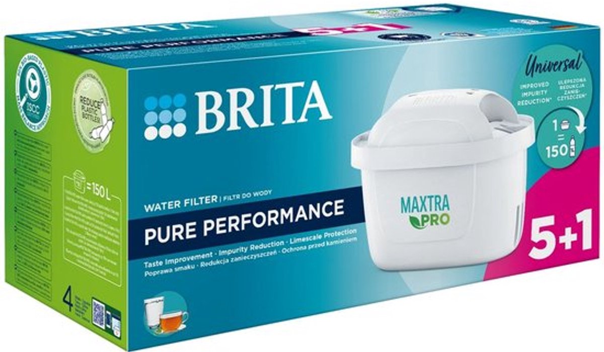 Brita waterfilterpatroon maxtra pro pure performance - 6 stuks - originele waterfilter voor waterfilterkannen - filtert onzuiverheden zoals herbiciden, pfas, chloor, kalk en metalen