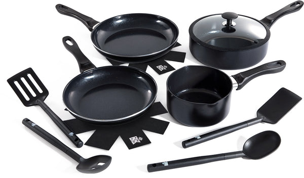 Bk vivid keramische antiaanbak pannenset 11 delig - ø16-28cm - inductie koekenpan - inductie hapjespan - inductie steelpan - pfas-vrij – ovenbestendig tot 160°c – vaatwasserbestendig – snelle opwarming – koudgrepen - zwart