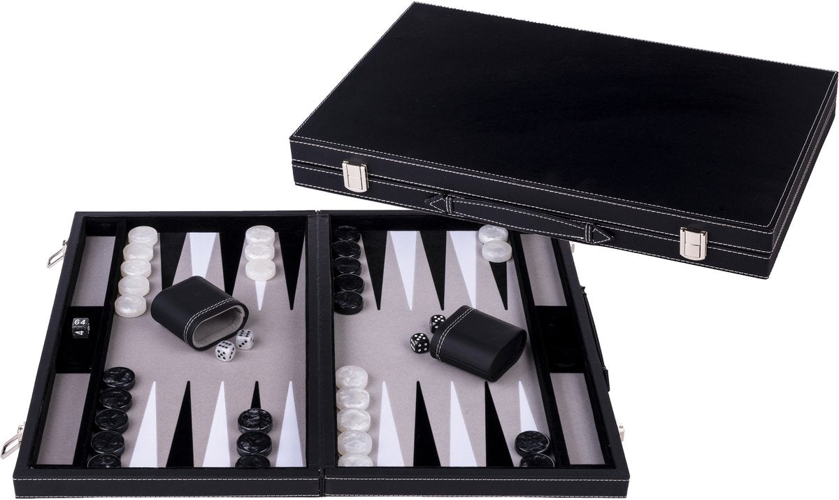 Engelhart backgammon 18 inch - grijs, zwart wit ingelegd bord - luxe zwarte koffer met handvat -