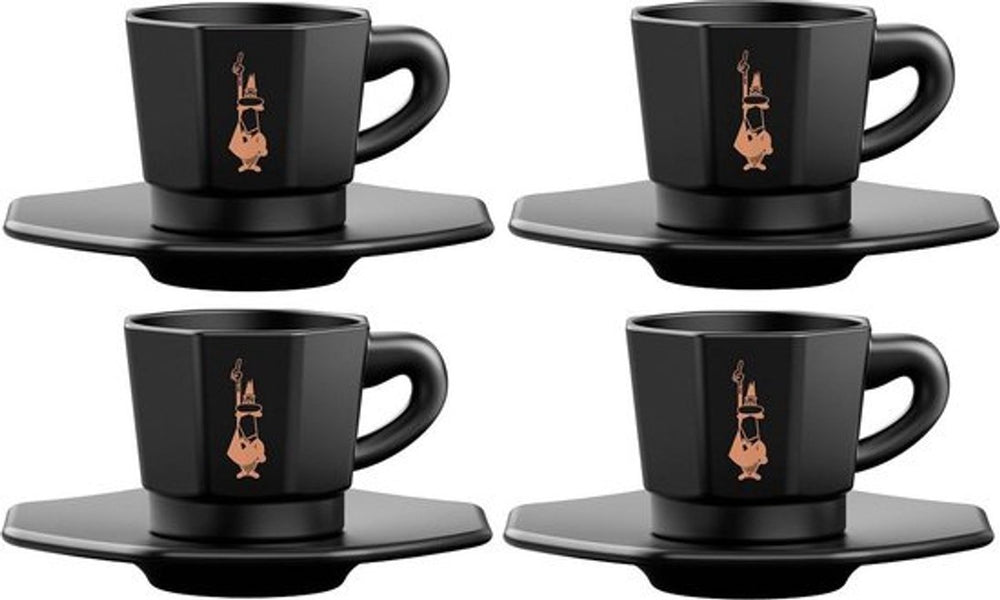 Bialetti octagonal espresso kopjes set – 4 kopjes met schotels – 75 ml – mat zwart porselein met goudkleurige details