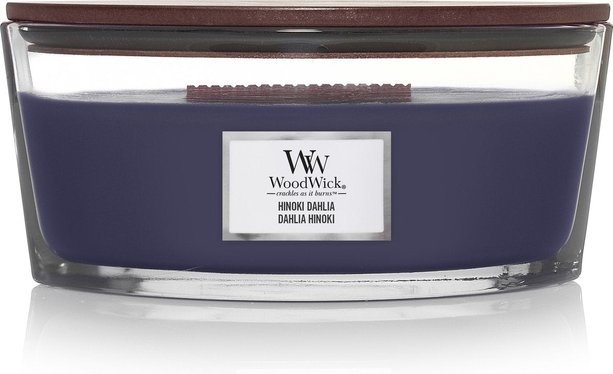 Woodwick heartwick flame ellipse geurkaars - hinoki dahlia - 50 branduren
