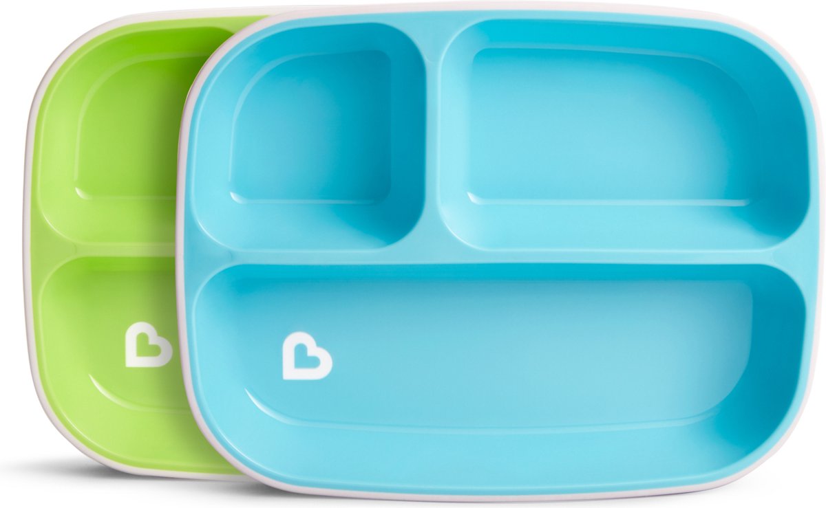 Munchkin anti-slip borden met 3 vakken - splash - vaatwasser- en magnetronbestendig - per 2 stuks - kinderbordjes - groen blauw