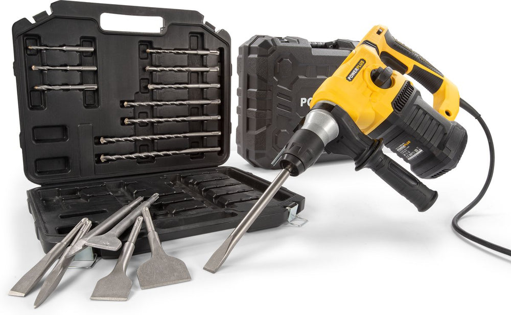 Powerplus elektrische klopboormachine powx1199 - 4 in 1: boren hamerboren beitelen en beitelrotatie, 1500 w boormachine, 5 j, 6 snelheidsfuncties, sds-plus, 17 accessoires