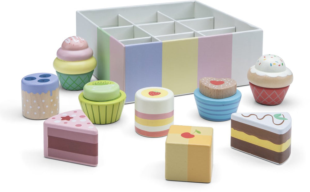 Woet ® houten speelgoed gebakjes set - 9 stuks taartjes en cupcakes - speelgoedeten voor kinderen - rollenspel keukenspeelgoed - vanaf 2 jaar