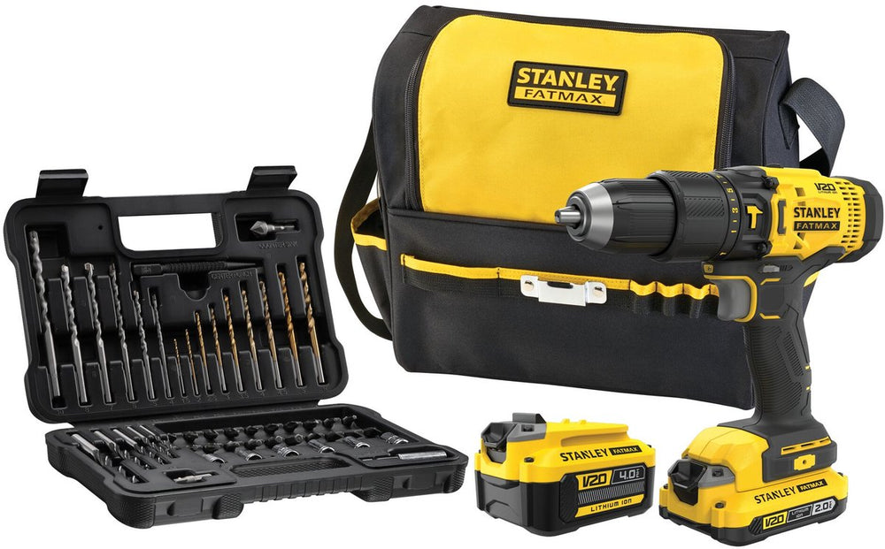 Stanley fatmax v20 18v schroef- klopboormachine met 50-delige accessoireset in softbag (met 2.0ah en 4.0ah accu en lader) sfmcd711dma-qw
