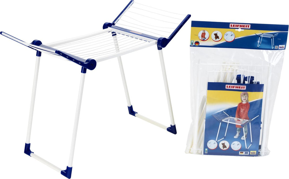 Klein toys leifheit droogrek - inklapbaar - 63x27x50 cm - ruimte voor poppenkleertjes of nat pluche speelgoed - blauw wit