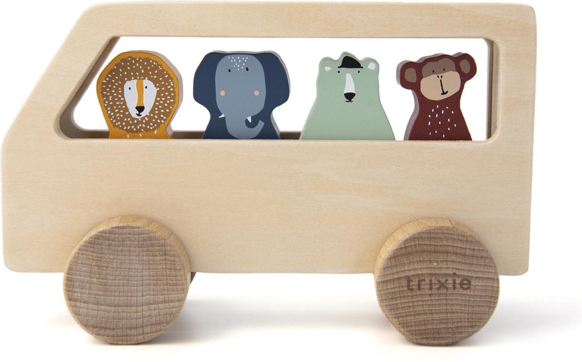 Trixie houten speelgoed - bus met dieren - speelgoedauto - auto voor 4 passagiers - vanaf 1,5 jaar - voor jongens en meisjes – fsc® hout