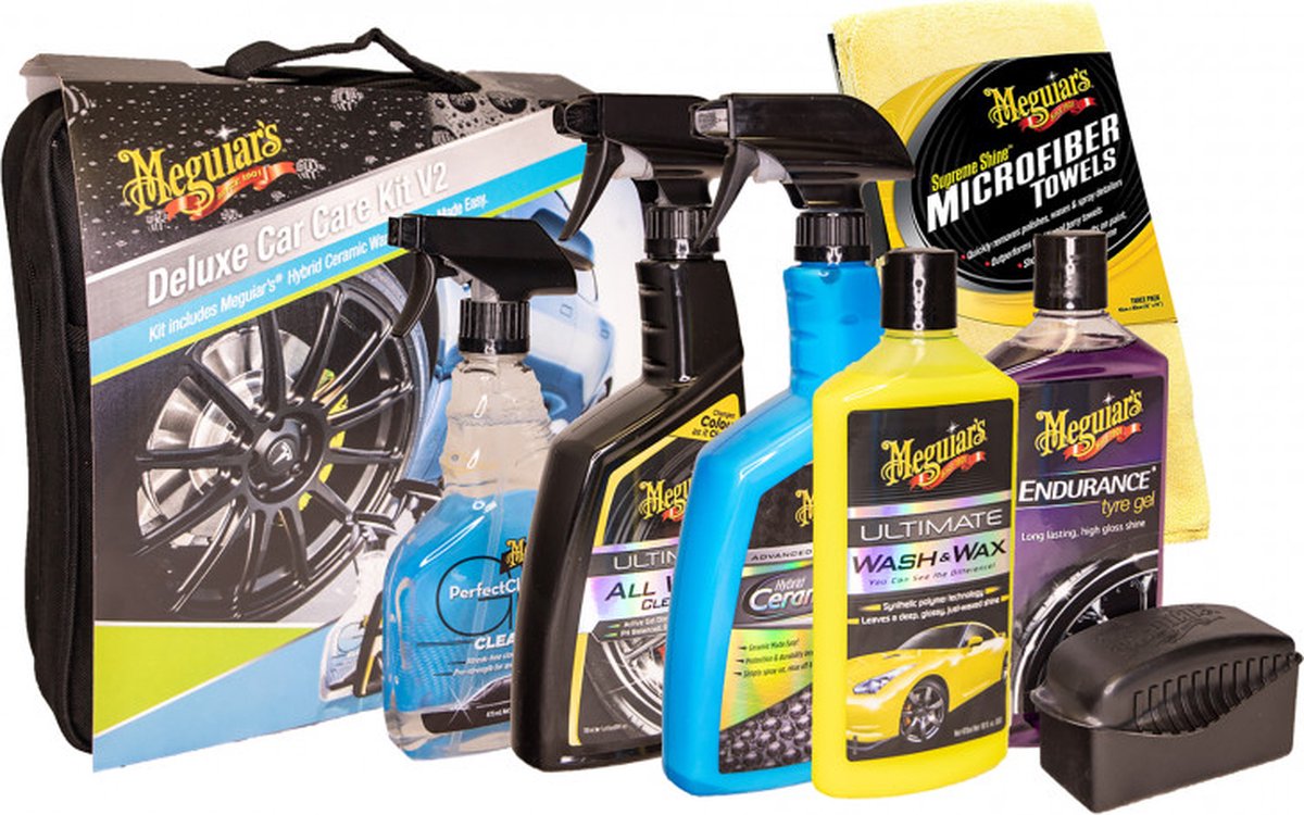 Meguiar's deluxe car care kit v2 - auto schoonmaak set - autoshampoo - spraywax - bandengel - velgenreiniger - glasreiniger ruitenreiniger - microvezeldoek
