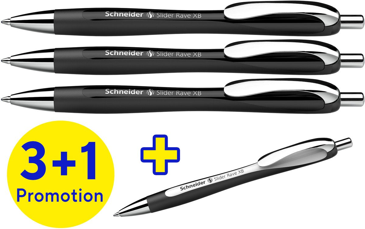 Schneider schrijfwaren schneider balpen - slider rave trend - penpunt xb - assorti doos 3 + 1 gratis - s-132584