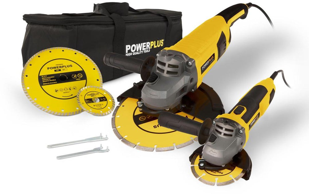 Powerplus elektrische haakse slijper set powx06250 - 2 slijpers 2000w + 750 w - slijpschijf 230mmᴓ + 115mmᴓ, power tool set, 4 acc.