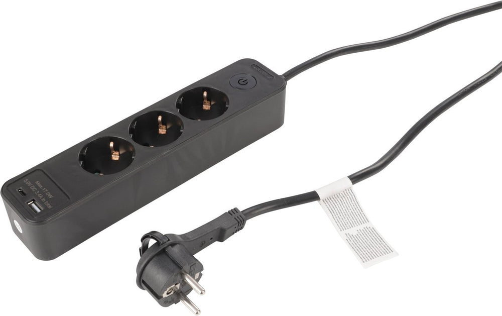 Q-link stekkerdoos - 3-voudig - randaarde - met platte stekker - usb a c - 3 x 1.5 mmâ² - 1.5 m - zwart
