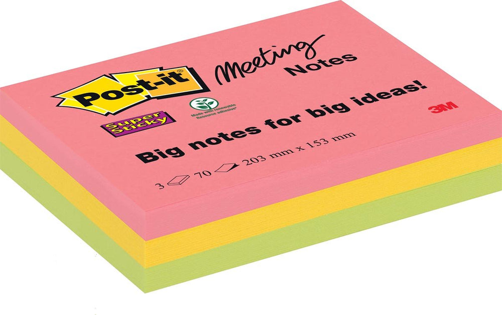 Post-it super sticky meeting notes, ft 203 x 152 mm, geassorteerde kleuren, 70 vel, pak van 3 blokken