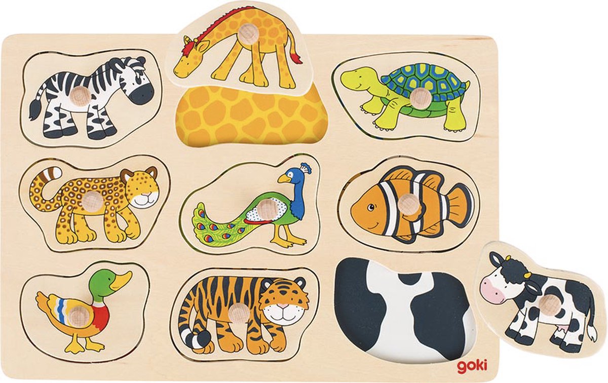 Goki houten dieren noppenpuzzel, 9st.
