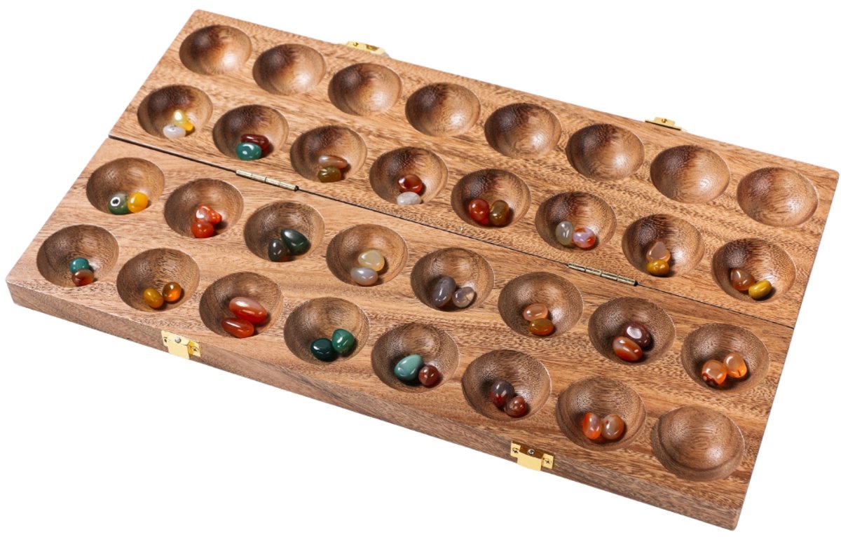 Engelhart mancala walnoot dubbel – houten strategiespel – luxe kalaha bordspel – klassiek denkspel – 2 spelers – inclusief edelstenen –