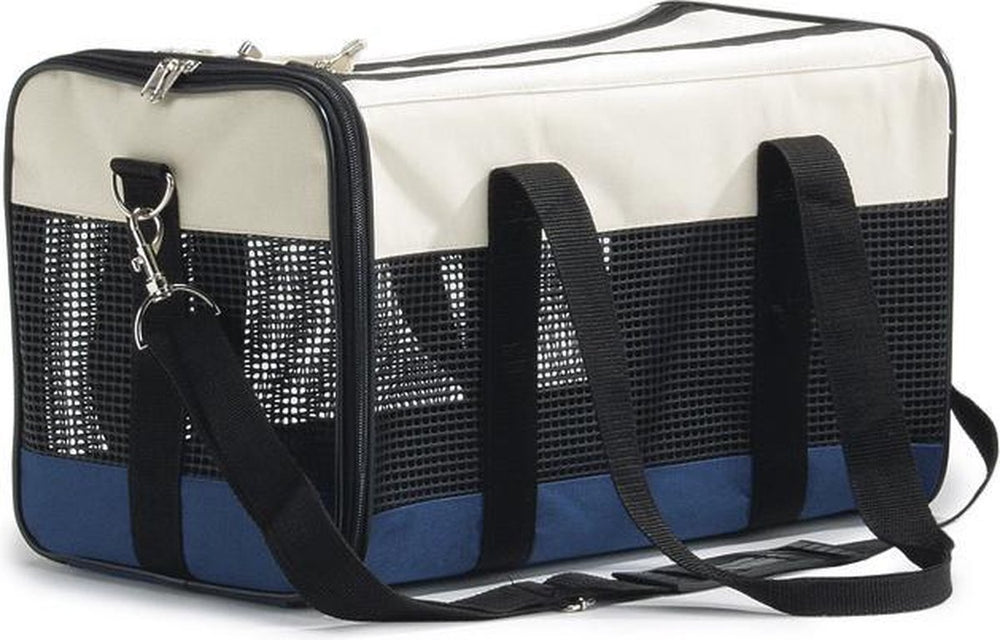 Beeztees reistas kat - draagtas - reismand - 2 openingen - met extra opbergvak - creme blauw - 43x25x27 cm