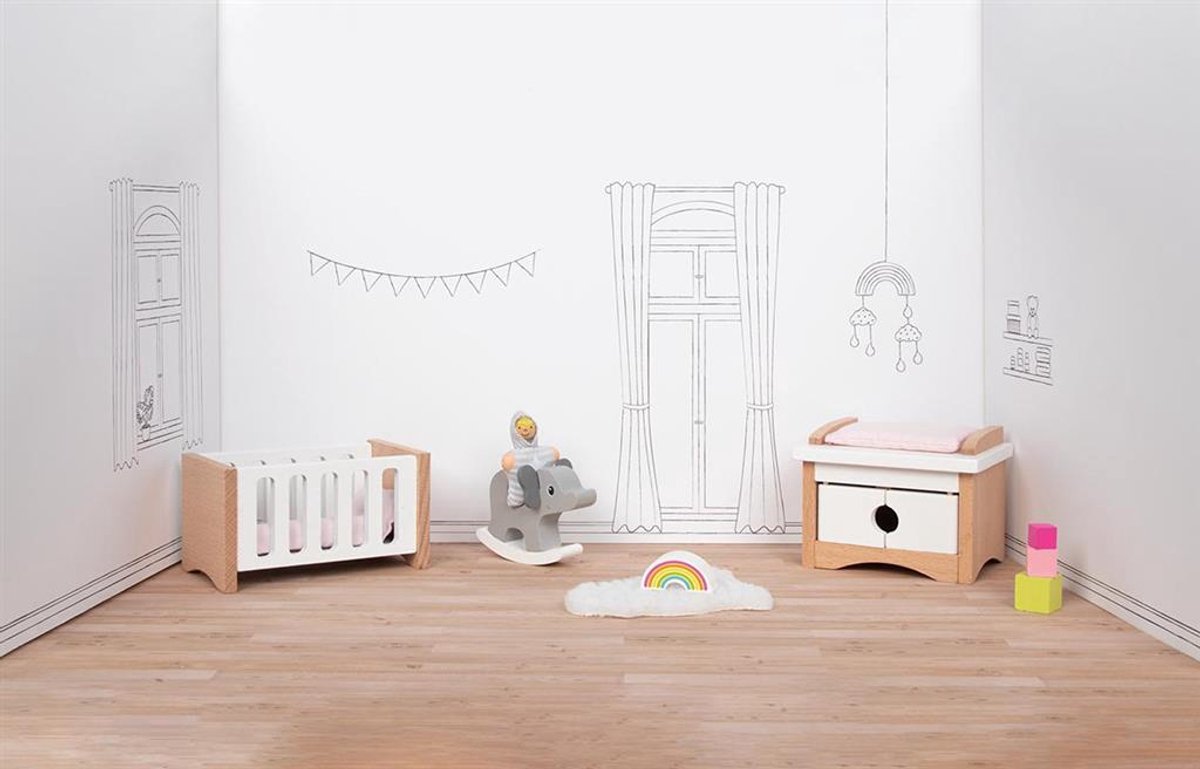 Goki Dollhouse Furniture: designer nursery, 12-piece, 10.2x6x5.5cm (bed), beechwood and fabric, 3+