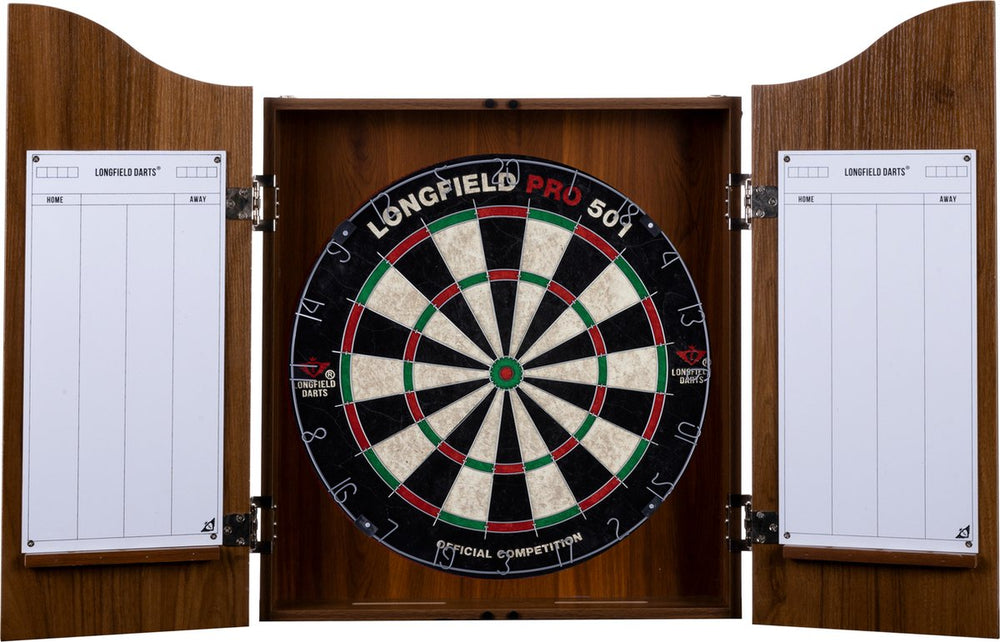 Engelhart houten cabinet met dartbord – inclusief 6 steeltip pijlen, whiteboard marker – beschermt muur en dartbord – wedstrijdbord – bruin hout fineer – longfield