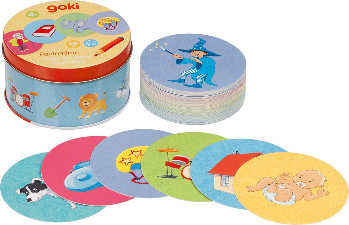 Goki gezelschapsspel: gebarenspel h5,1xdiam.9cm, in een blikken doosje, karton, 4+