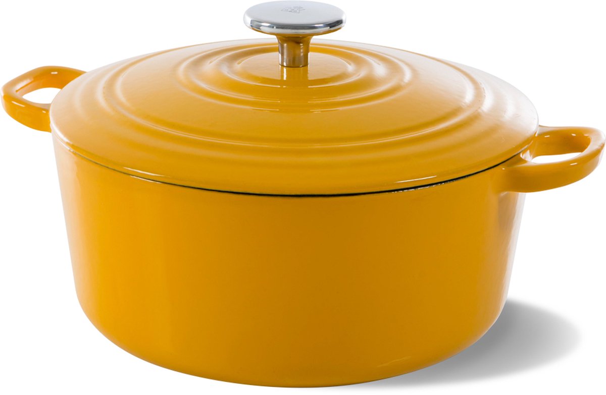 Bk bourgogne braadpan gietijzer 28cm 6.7l - inductie braadpan - gietijzeren braadpan - ovenbestendig tot 230 graden - deksel met druipringen - wit geëmailleerde binnenkant - sunny yellow
