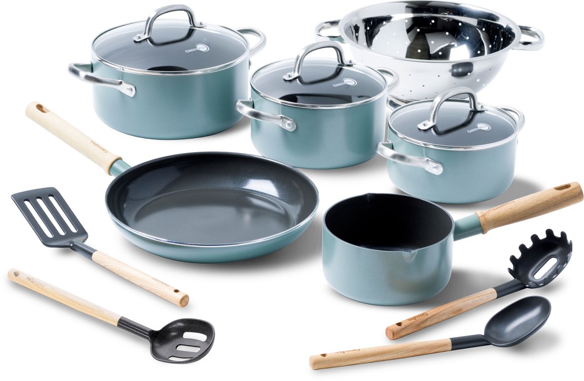 Greenpan mayflower koekenpannenset 13-delig - 13 18 20 24 28cm - 1.6 2.6l - pfas-vrije antikleeflaag - pannenset inductie - keramische pan - niet ovenbestendig - koudgrepen - blauw