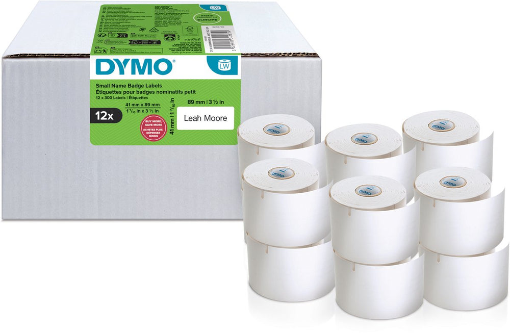 Dymo originele labelwriter kleine naambadgelabels | 41 mm x 89 mm | zelfklevend | 12 met elk 300 labels (3.600 zelfklevende etiketten) | voor de labelwriter labelprinters | gemaakt in europa