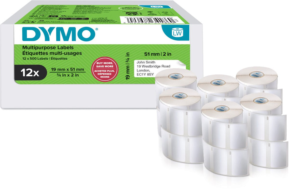 Dymo originele kleine labelwriter multifunctionele labels | 19 mm x 51 mm | 12 met elk 500 labels (6.000 zelfklevende etiketten) | gemakkelijk te verwijderen labels | voor labelwriter labelprinters