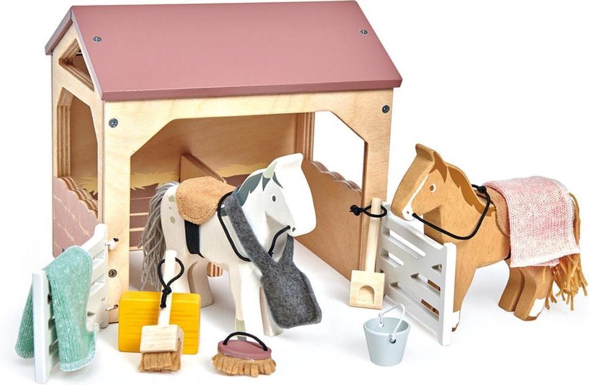 Tender leaf toys tender leaf poppenmeubels: huisdierenset stal met 2 pony's 18,7x14,3x18cm, in hout, in doos 18,3x15,5x20,7cm, 3+