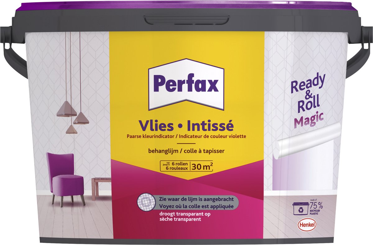 Perfax ready roll vlies magic behanglijm 4.5 kg | 100% kleurenbeeld tijdens het behangen | magic vlies behanglijm droogt transparant