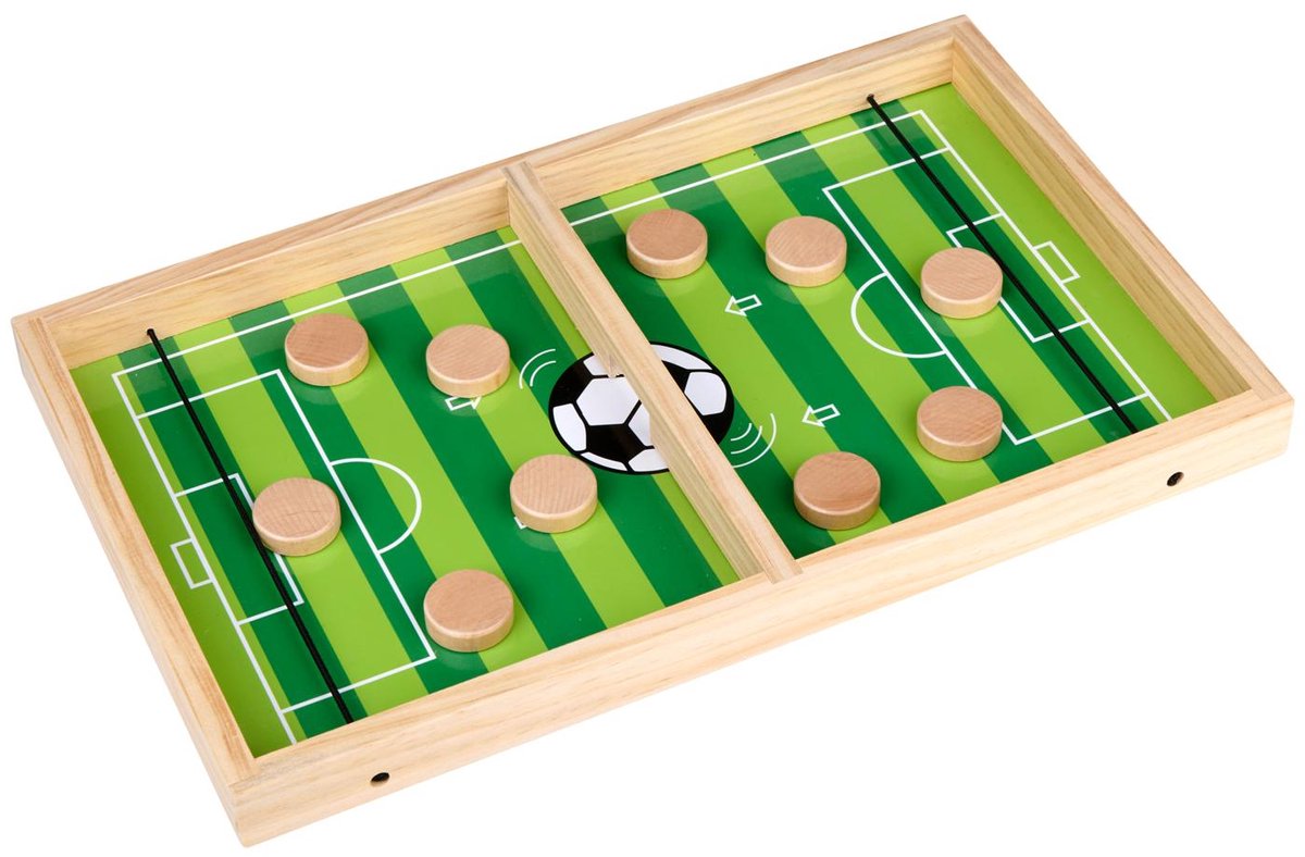 Eddy toys slingerschot voetbalspel 11 stuks - tafelspel voor 2 spelers - houten speelbord met 10 schijfjes - snel actiespel voor kinderen en volwassenen - fling shot voetbalspel - 34x12x2cm