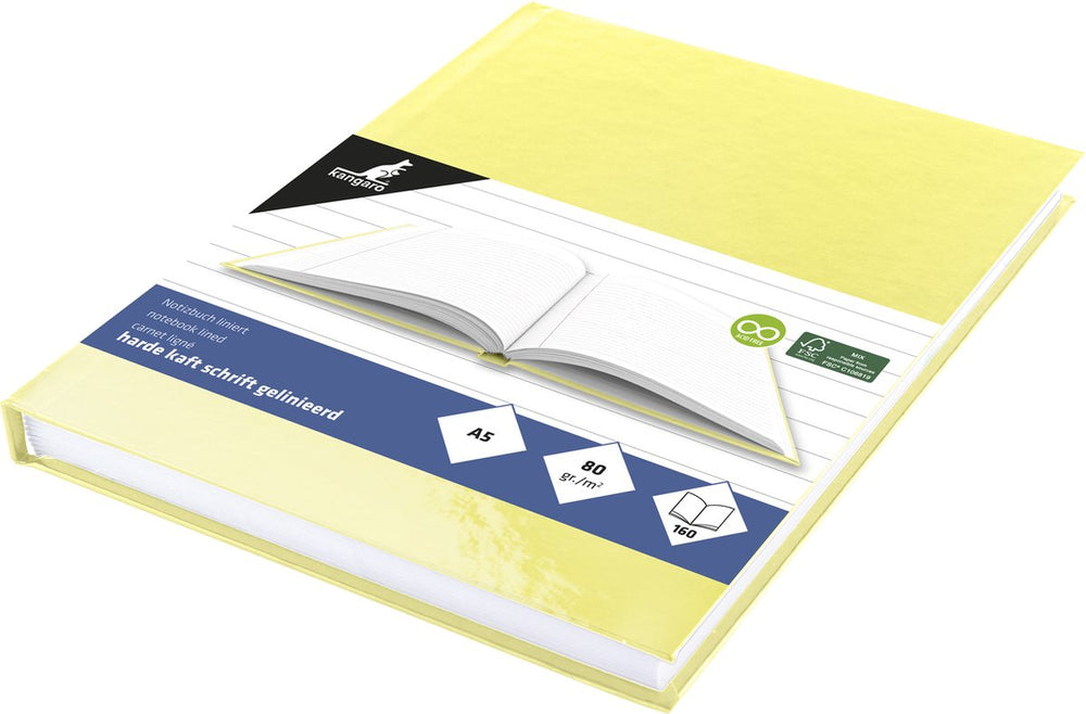 Kangaro schrift - a5 - lijn - 160 pagina's - 80 grams - harde kaft - pastel geel - 5 stuks