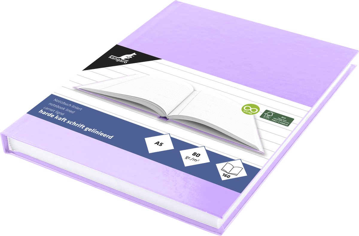 Kangaro schrift - a5 - lijn - 160 pagina's - 80 grams - harde kaft - pastel violet - 5 stuks